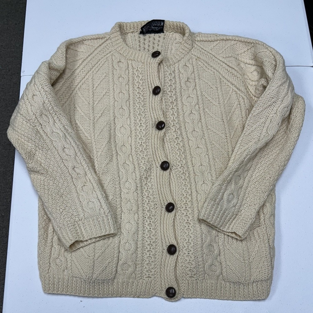 Standun Cardigan Womens M Cream Good Wool Aran Cable Knit Irish Fisherman